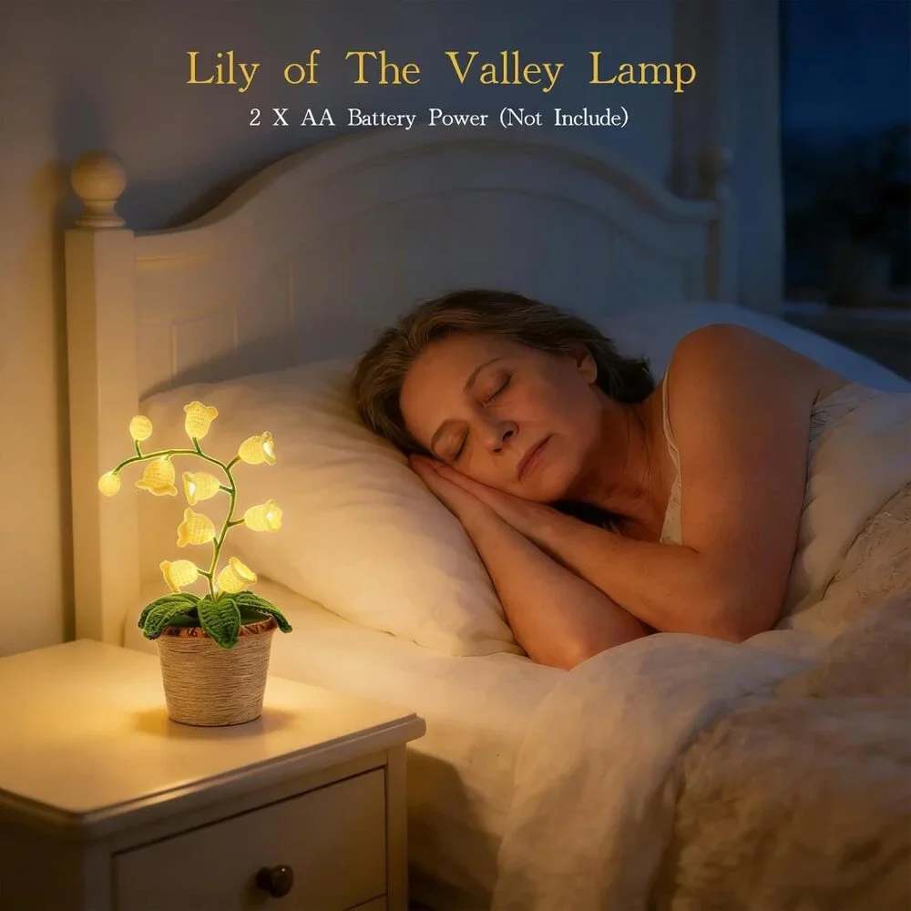 Artificial Cream Cute Lily Valley Flower Handmade Crochet Lamp Led Light Decor